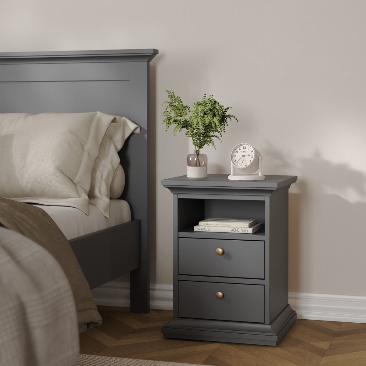 Paris Package - Bedside 2 Drawers + Chest Of 4 Drawers + Wardrobe With 2 Doors Matt Grey - Price Crash Furniture
