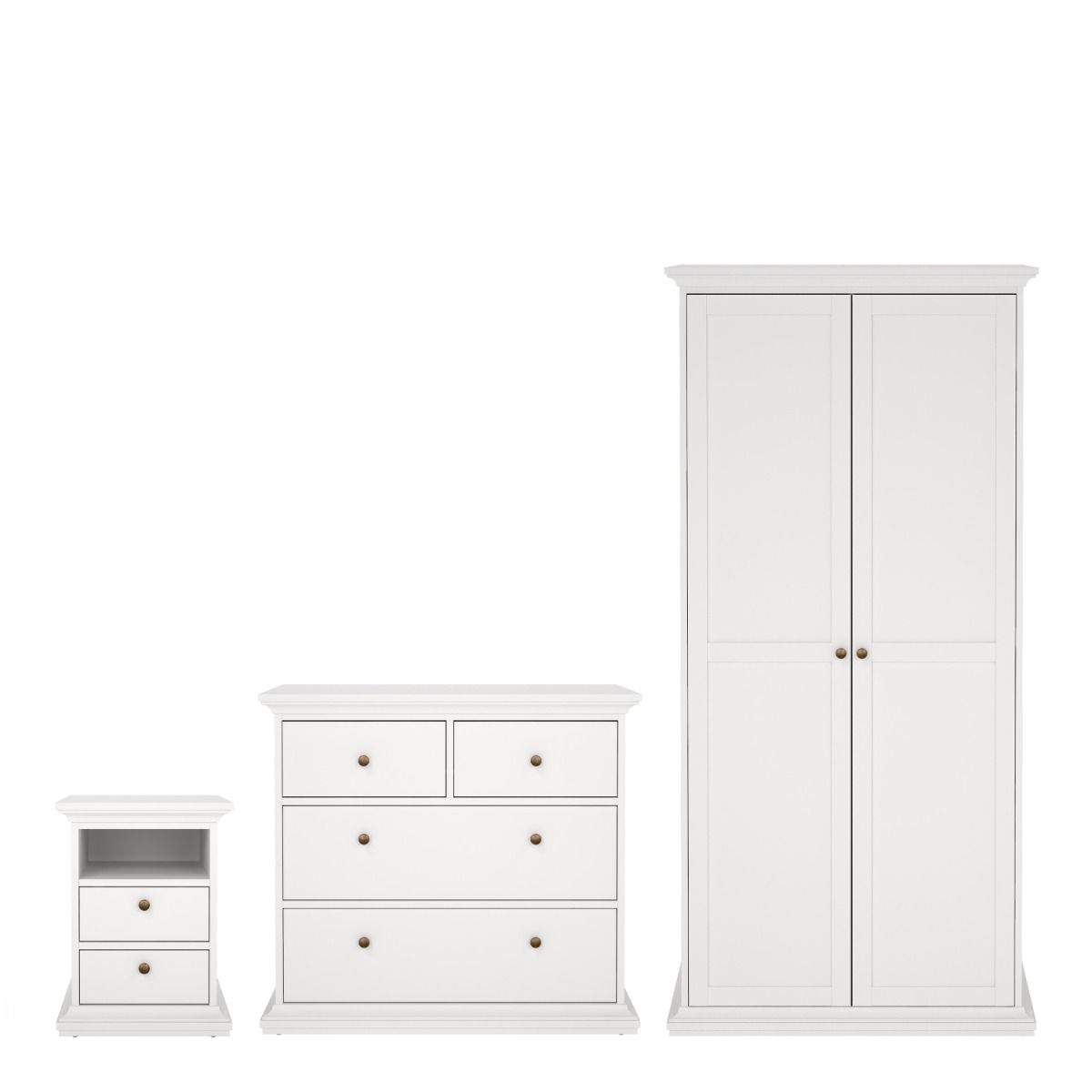 Paris Package - Bedside 2 Drawers + Chest Of 4 Drawers + Wardrobe With 2 Doors White - Price Crash Furniture
