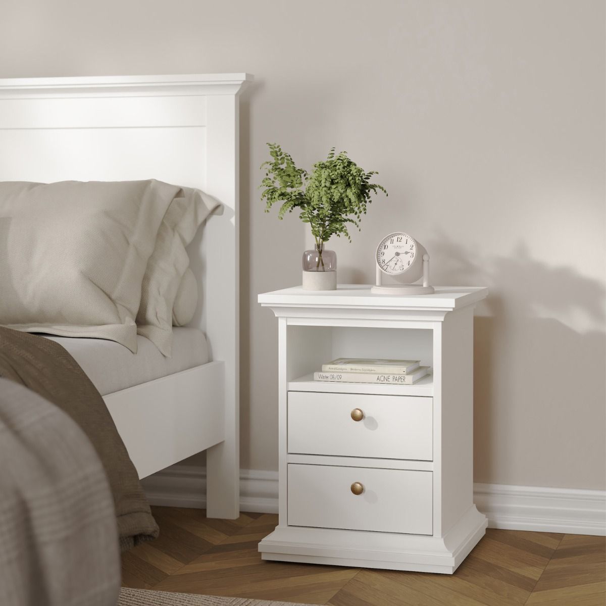 Paris Package - Bedside 2 Drawers + Chest Of 4 Drawers + Wardrobe With 2 Doors White - Price Crash Furniture