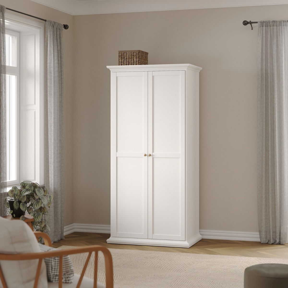 Paris Package - Bedside 2 Drawers + Chest Of 4 Drawers + Wardrobe With 2 Doors White - Price Crash Furniture