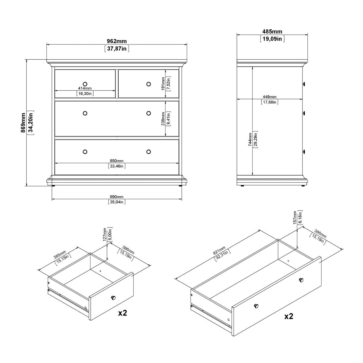 Paris Package - Bedside 2 Drawers + Chest Of 4 Drawers + Wardrobe With 2 Doors White - Price Crash Furniture
