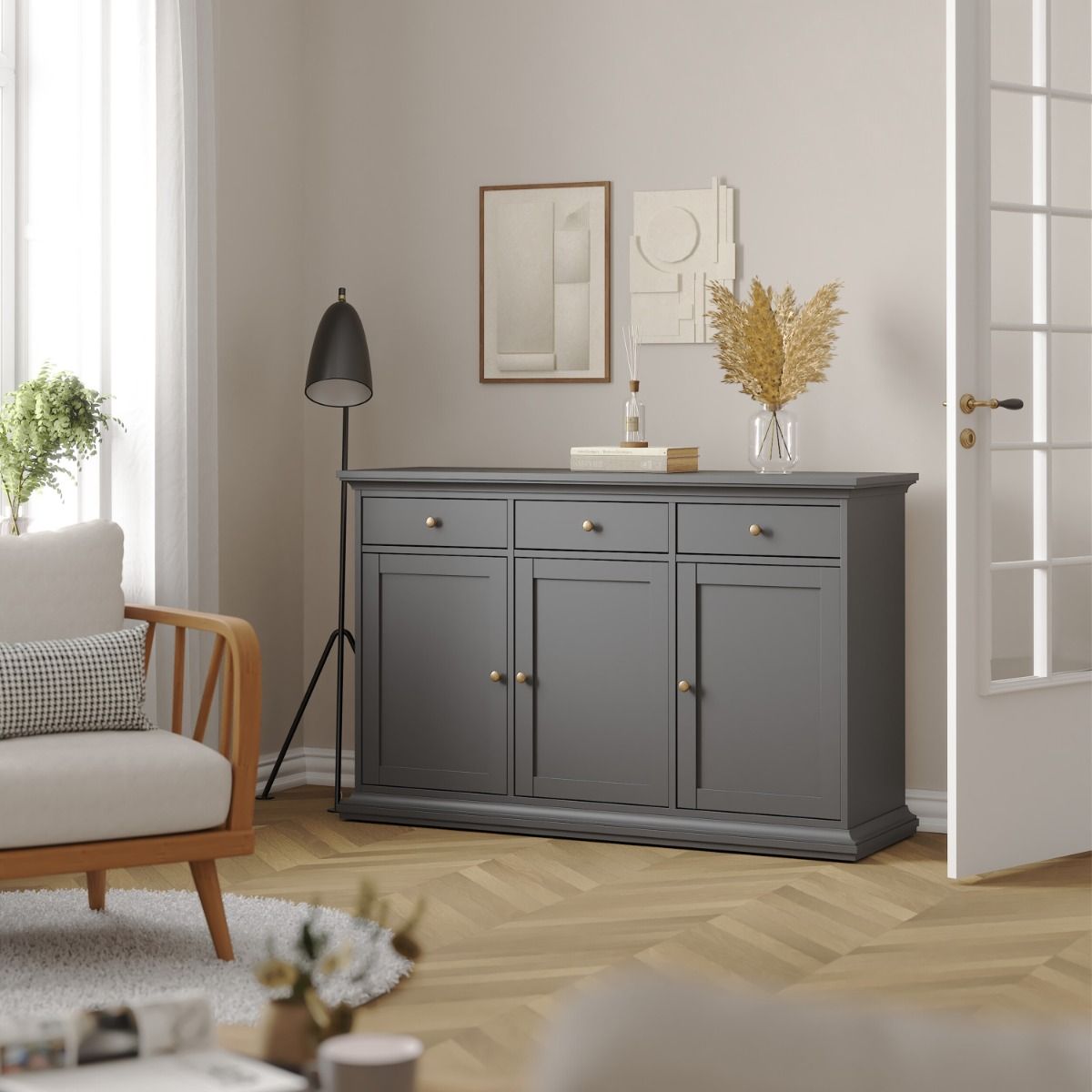 Paris Sideboard With 3 Doors And 3 Drawers In Matt Grey - Price Crash Furniture
