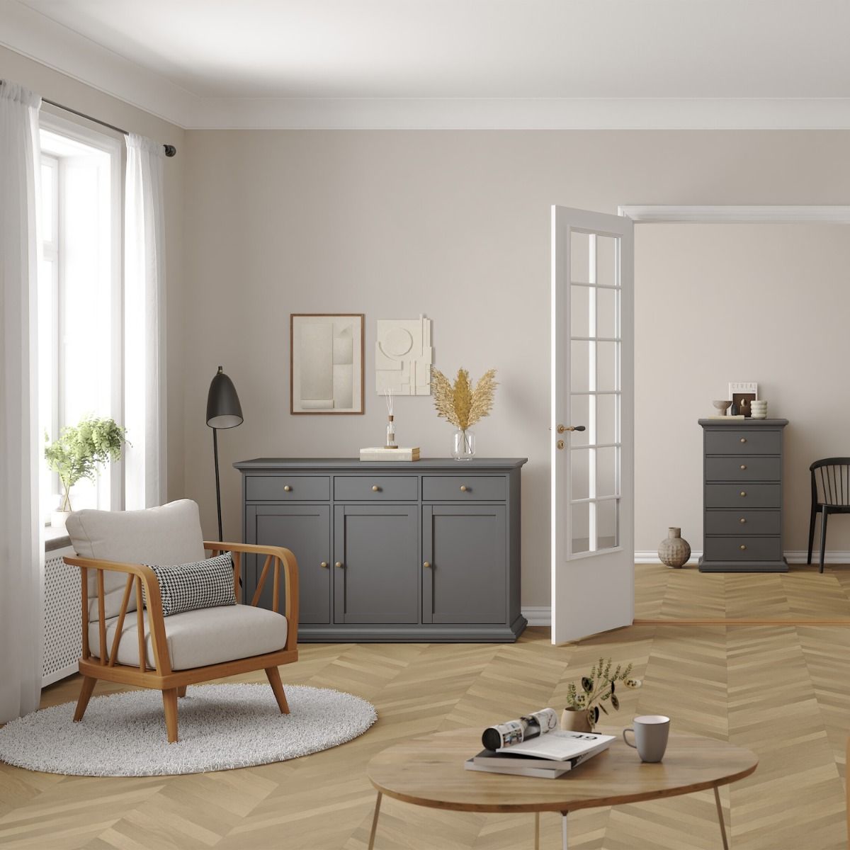 Paris Sideboard With 3 Doors And 3 Drawers In Matt Grey - Price Crash Furniture