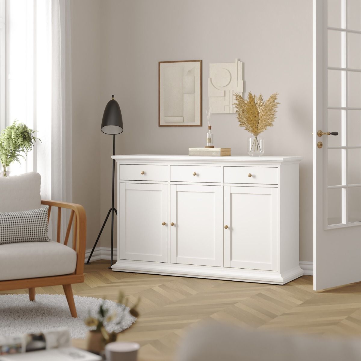 Paris Sideboard With 3 Doors And 3 Drawers In White - Price Crash Furniture