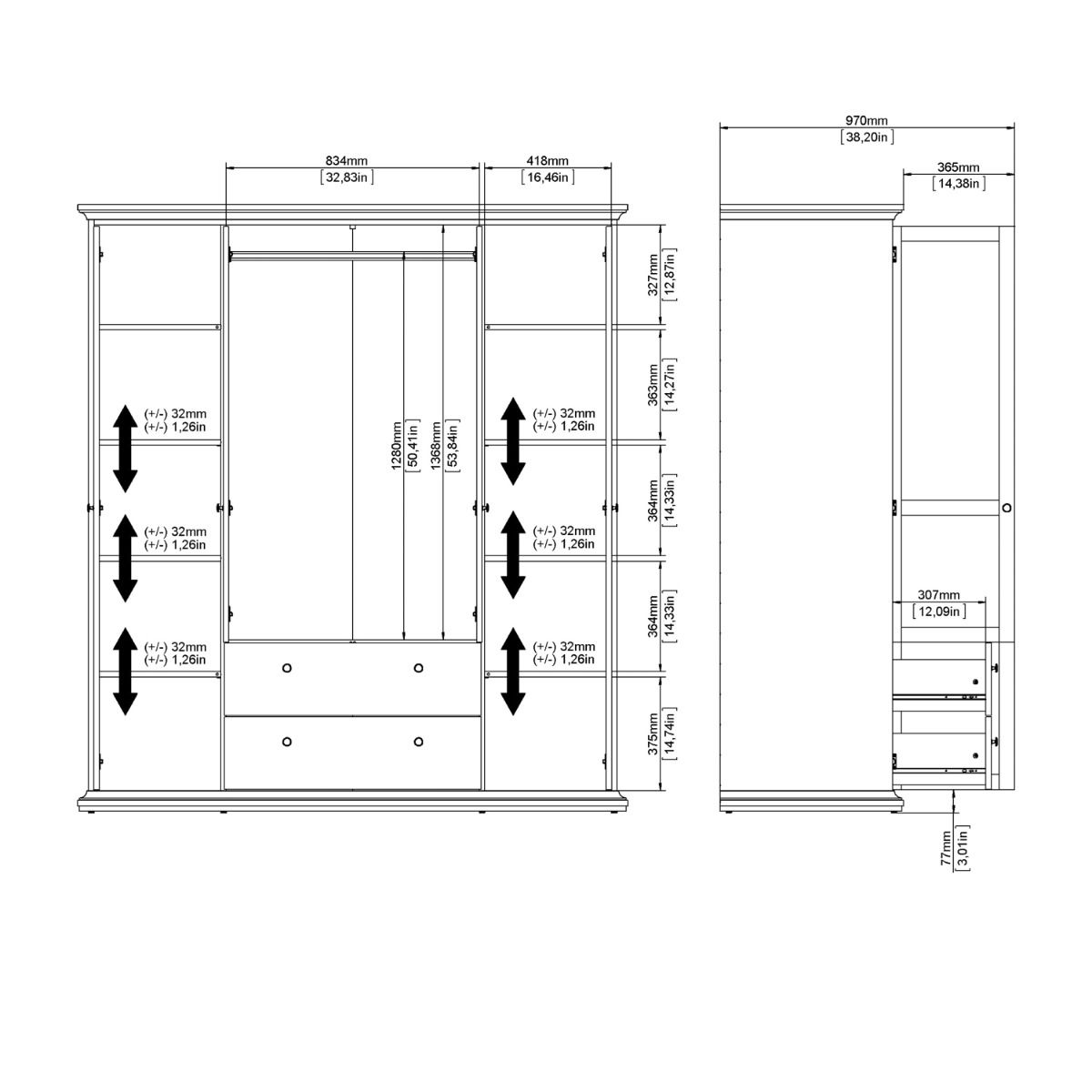 Paris Wardrobe With 4 Doors And 2 Drawers In White - Price Crash Furniture