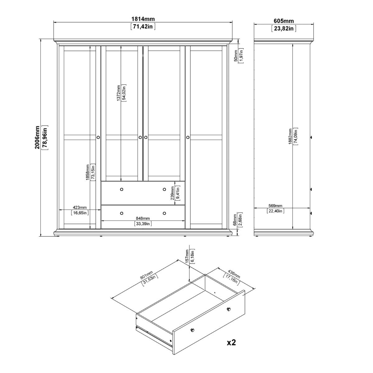 Paris Wardrobe With 4 Doors And 2 Drawers In White - Price Crash Furniture