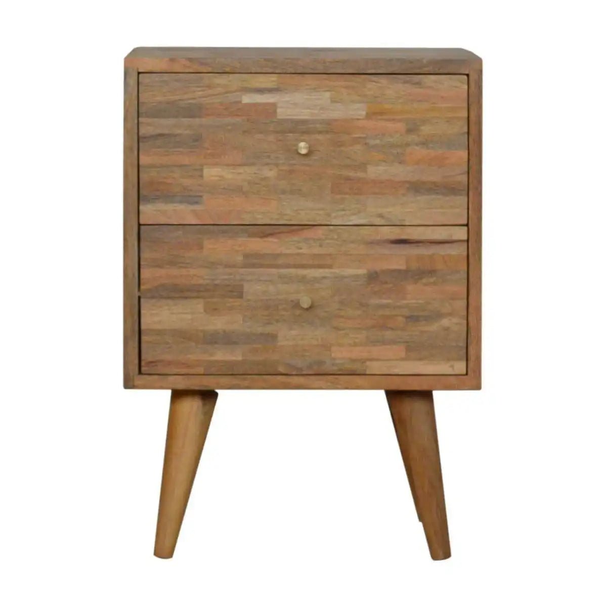 Patchwork Pattern 2 Drawer Bedside Table in Oak - effect Mango Wood - Price Crash Furniture