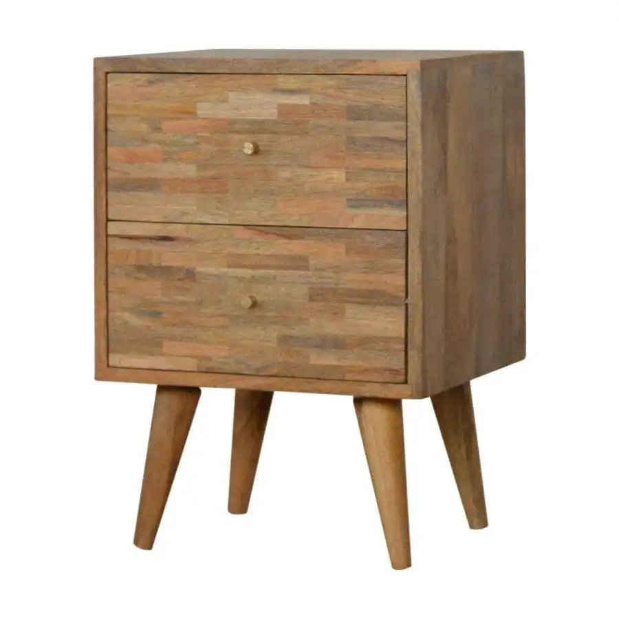 Patchwork Pattern 2 Drawer Bedside Table in Oak - effect Mango Wood - Price Crash Furniture