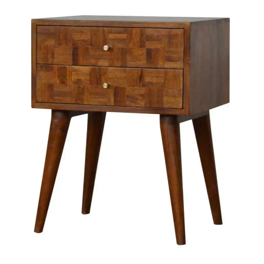 Patchwork Square Pattern 2 Drawer Bedside Table in Chestnut - effect Mango Wood - Price Crash Furniture