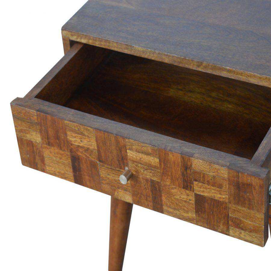 Patchwork Square Pattern 2 Drawer Bedside Table in Chestnut-effect Mango Wood - Price Crash Furniture