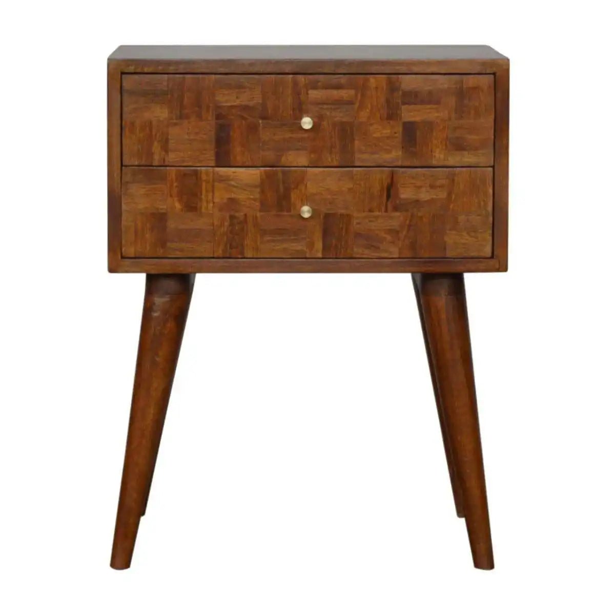 Patchwork Square Pattern 2 Drawer Bedside Table in Chestnut - effect Mango Wood - Price Crash Furniture