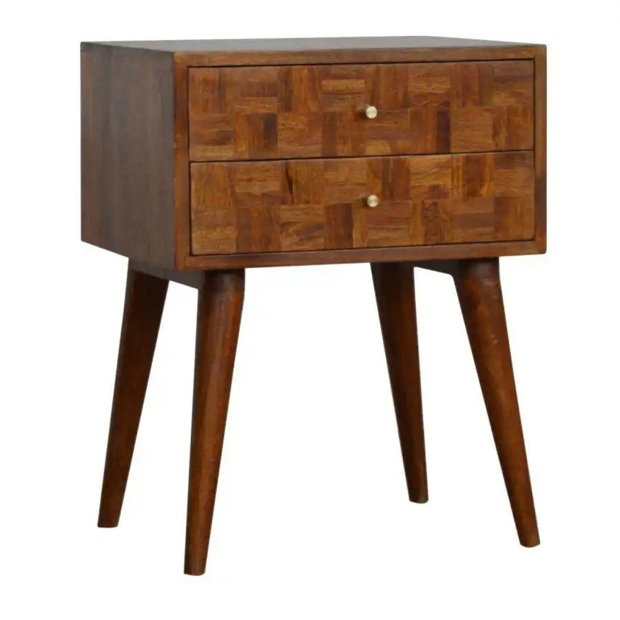 Patchwork Square Pattern 2 Drawer Bedside Table in Chestnut - effect Mango Wood - Price Crash Furniture