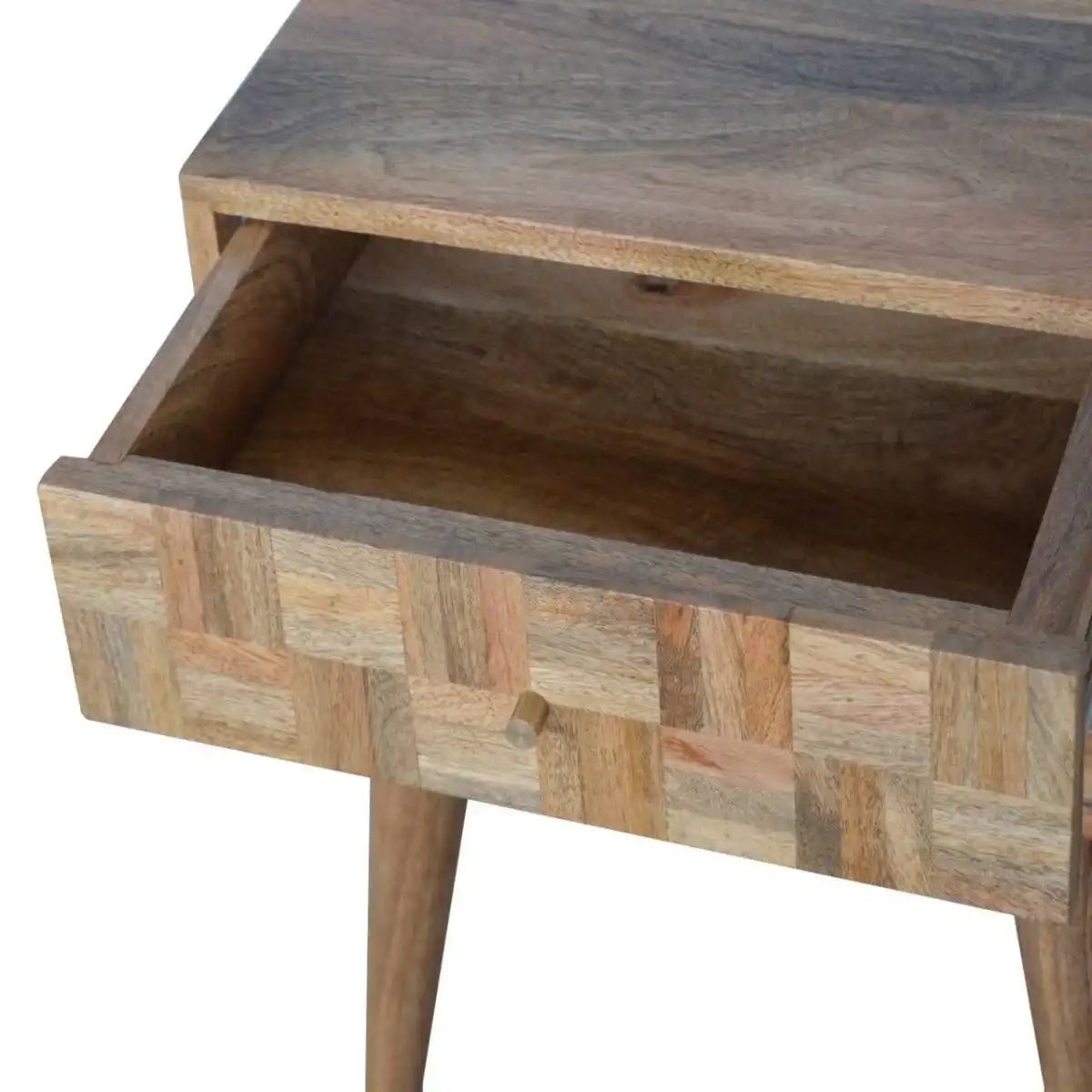 Patchwork Square Pattern 2 Drawer Bedside Table in Oak - effect Mango Wood - Price Crash Furniture