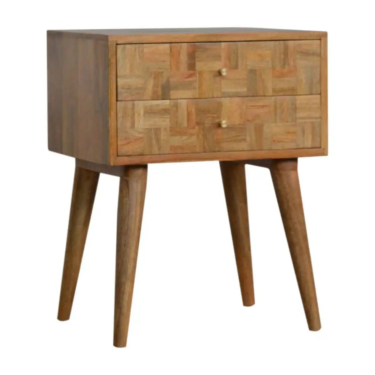 Patchwork Square Pattern 2 Drawer Bedside Table in Oak - effect Mango Wood - Price Crash Furniture