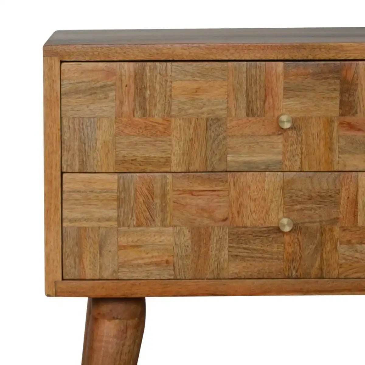 Patchwork Square Pattern 2 Drawer Bedside Table in Oak - effect Mango Wood - Price Crash Furniture