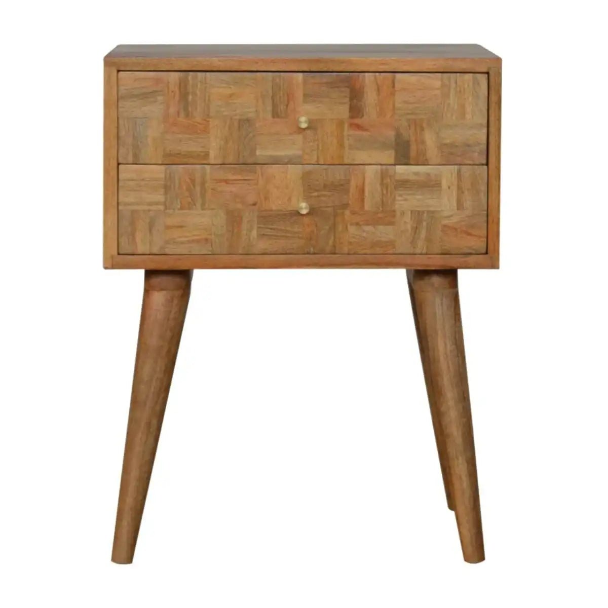 Patchwork Square Pattern 2 Drawer Bedside Table in Oak - effect Mango Wood - Price Crash Furniture