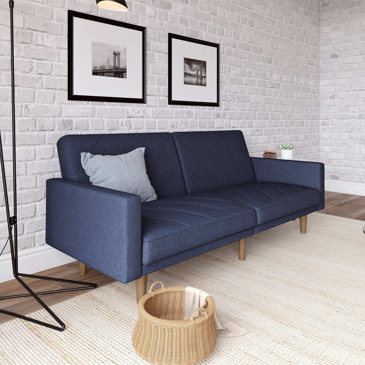 Paxson Sofa Bed with Wooden Feet - Navy Blue Linen - Price Crash Furniture