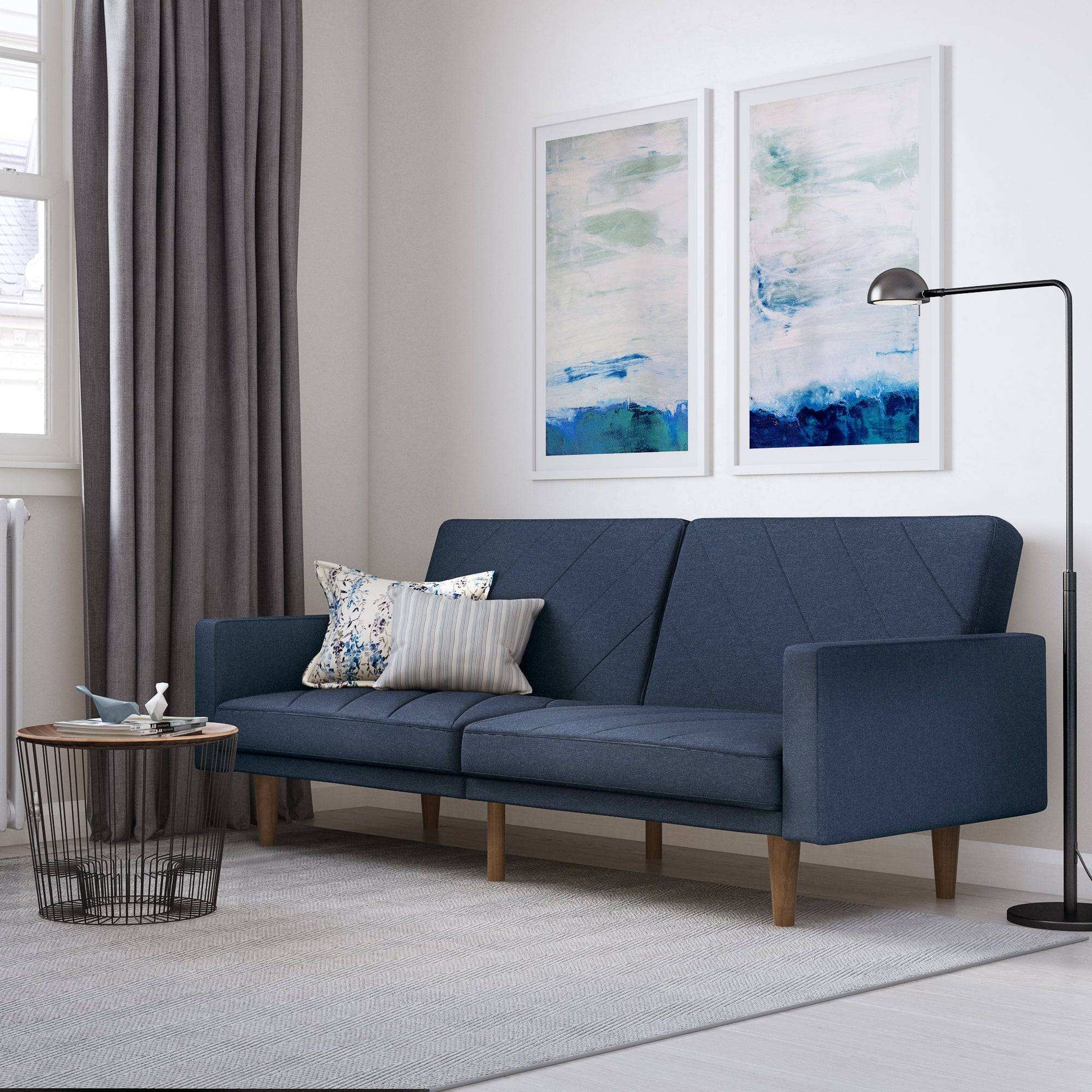 Paxson Sofa Bed with Wooden Feet - Navy Blue Linen - Price Crash Furniture