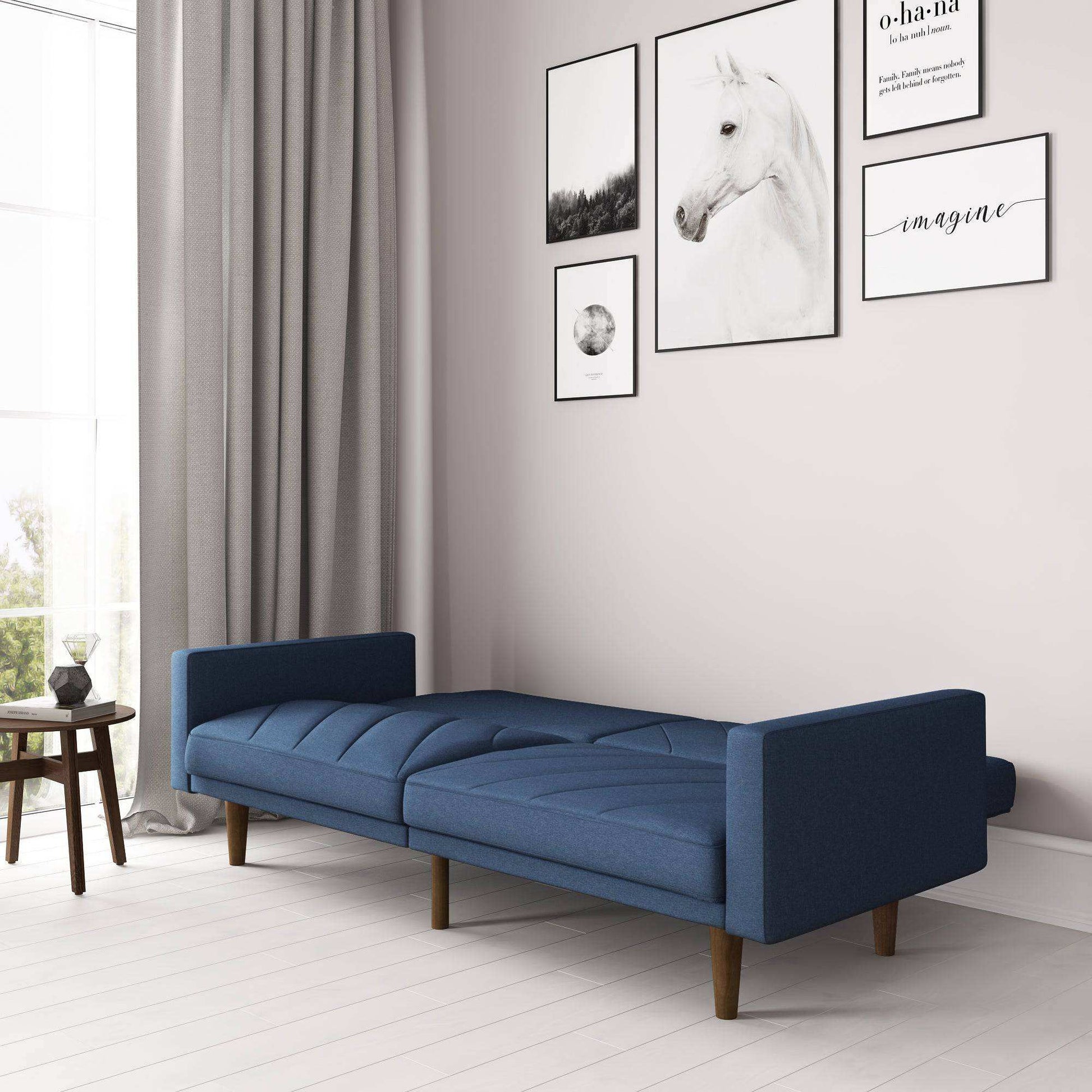 Paxson Sofa Bed with Wooden Feet - Navy Blue Linen - Price Crash Furniture