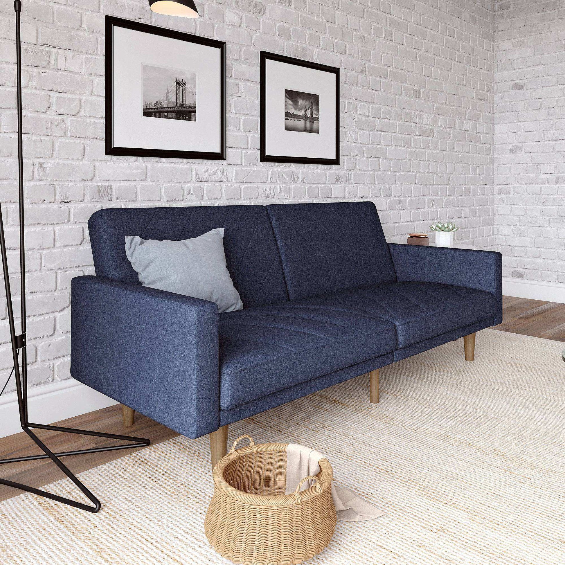 Paxson Sofa Bed with Wooden Feet - Navy Blue Linen - Price Crash Furniture