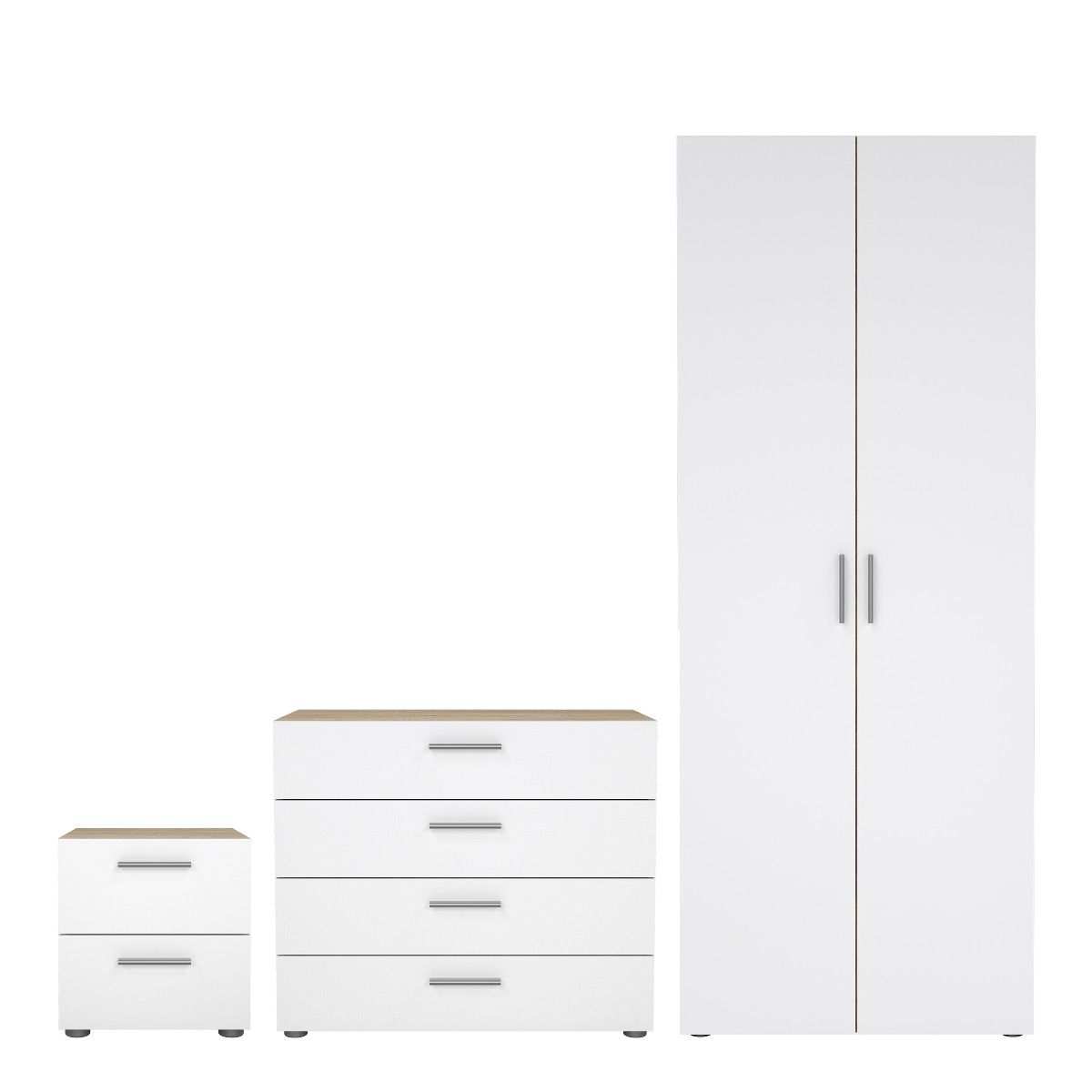 Pepe Package - Bedside 2 Drawers + Chest Of 4 Drawers + Wardrobe With 2 Doors In Oak With White High Gloss - Price Crash Furniture