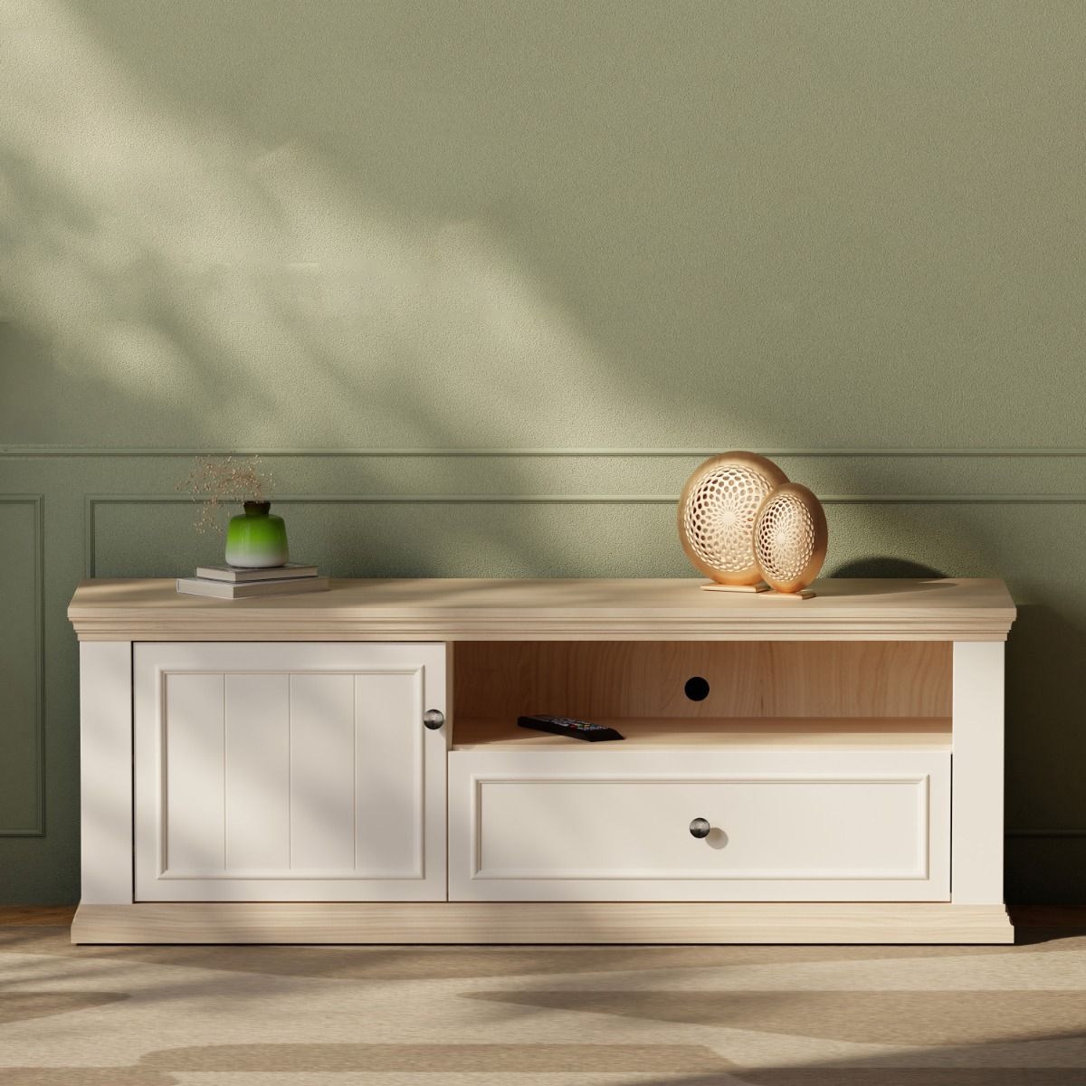 Pontypool TV Cabinet With Drawer & Open Shelf In White And Riva Oak - Price Crash Furniture
