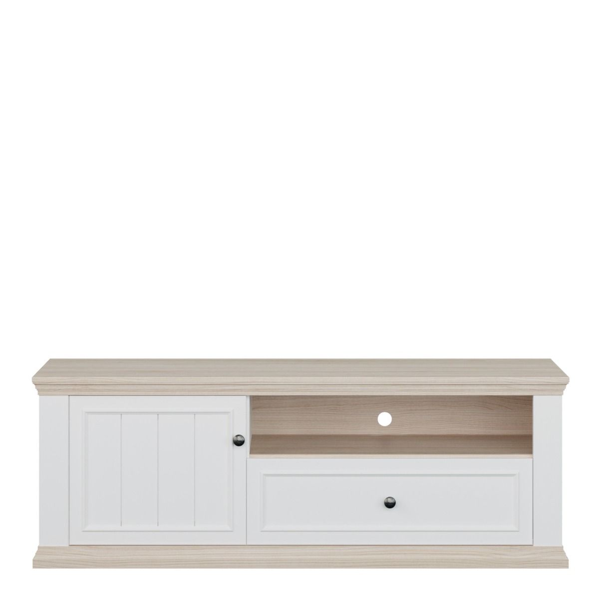 Pontypool TV Cabinet With Drawer & Open Shelf In White And Riva Oak - Price Crash Furniture