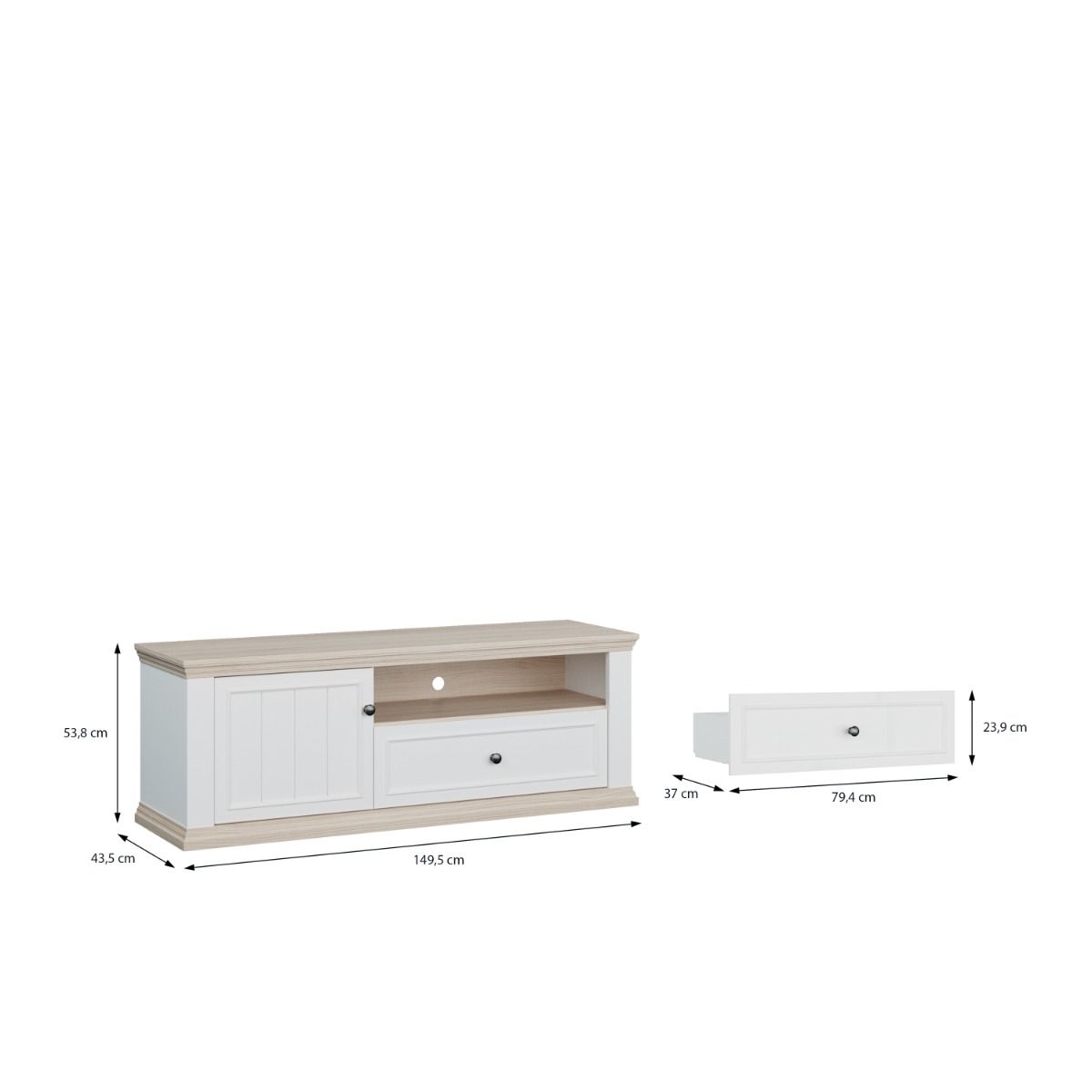 Pontypool TV Cabinet With Drawer & Open Shelf In White And Riva Oak - Price Crash Furniture