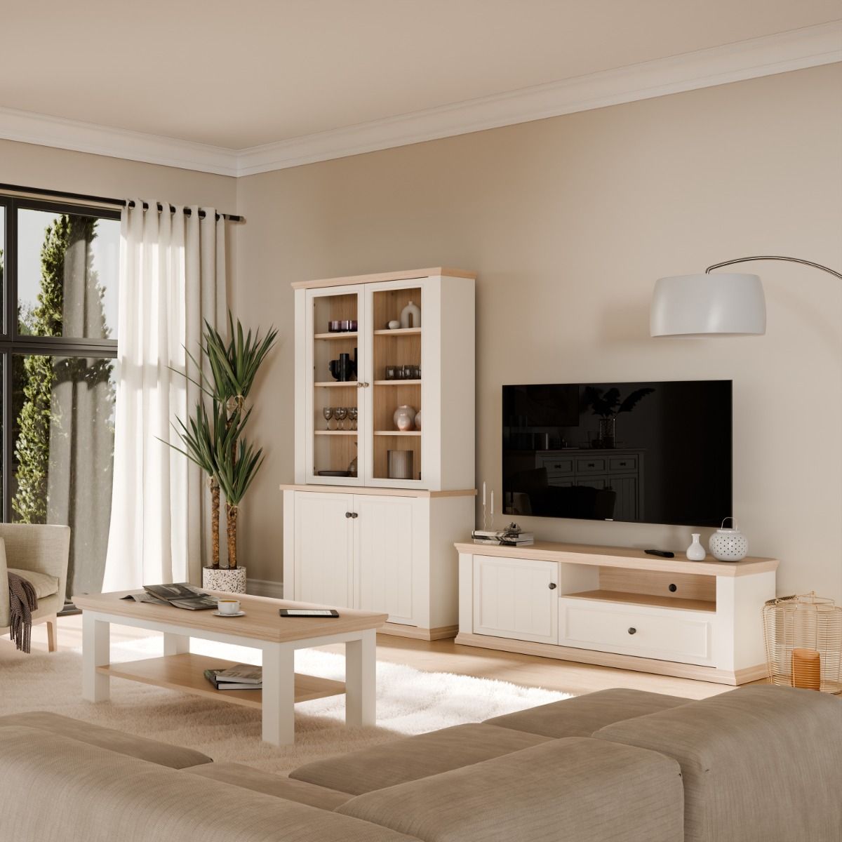 Pontypool TV Cabinet With Drawer & Open Shelf In White And Riva Oak - Price Crash Furniture