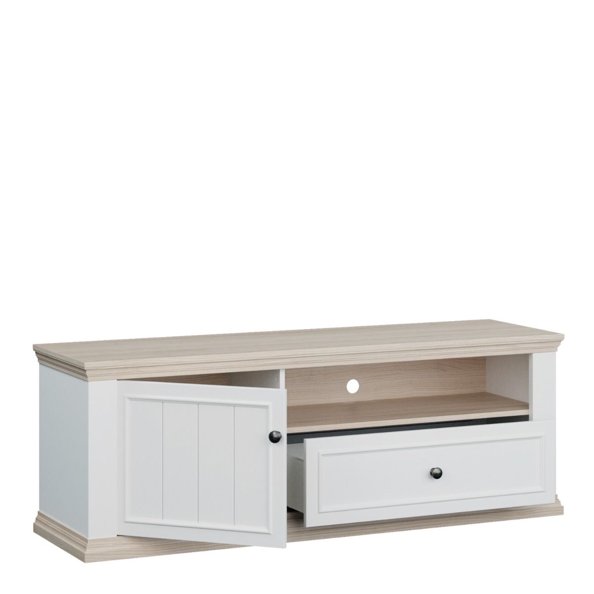 Pontypool TV Cabinet With Drawer & Open Shelf In White And Riva Oak - Price Crash Furniture