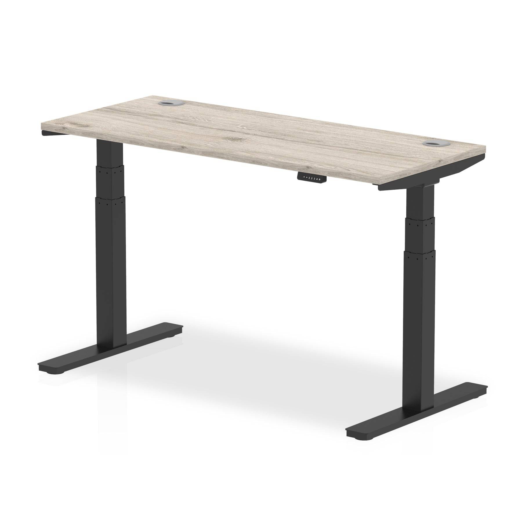 Air 600mm Height Adjustable Office Desk Grey Oak Top Cable Ports Black Leg - Price Crash Furniture