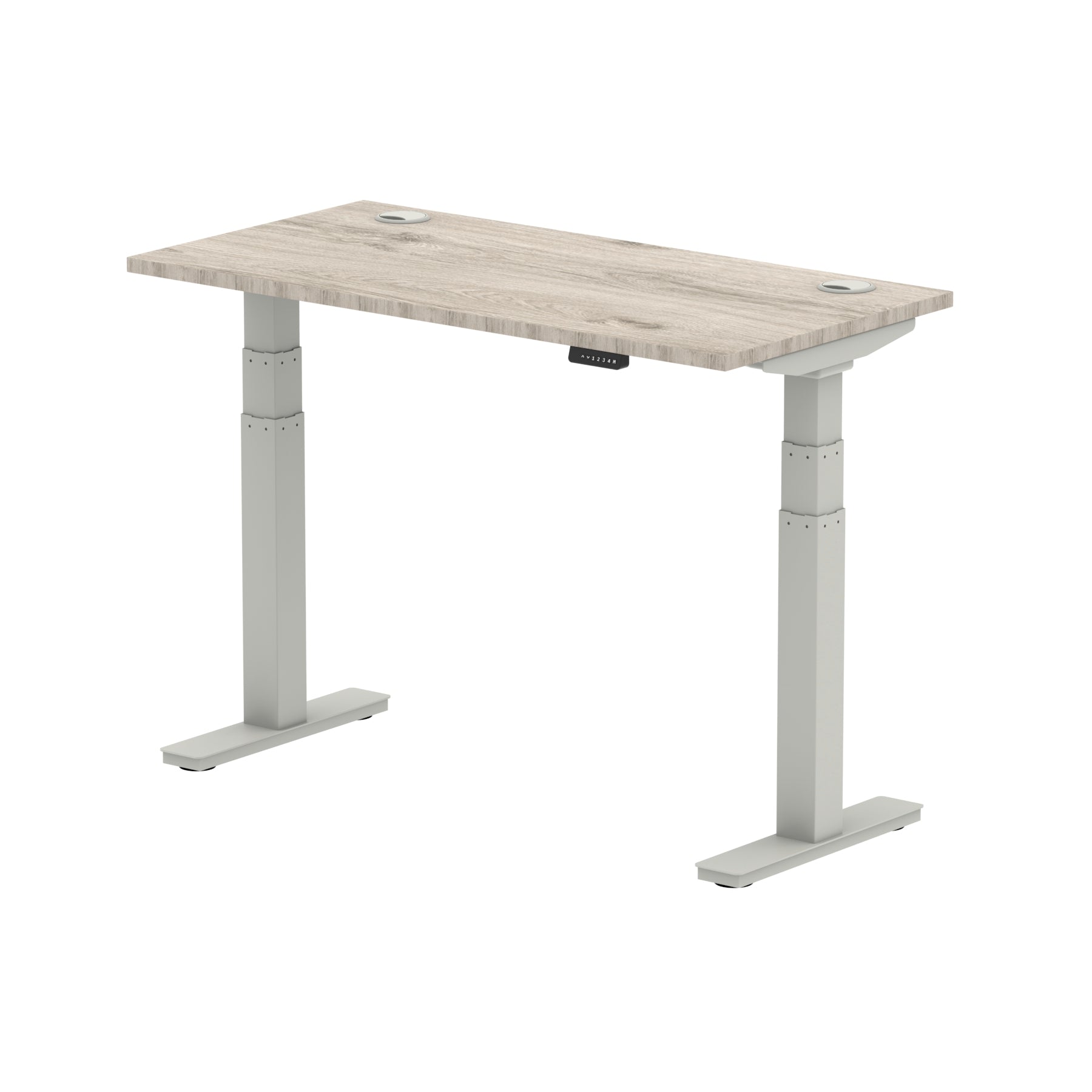 Air 600mm Height Adjustable Office Desk Grey Oak Top Cable Ports Silver Leg - Price Crash Furniture