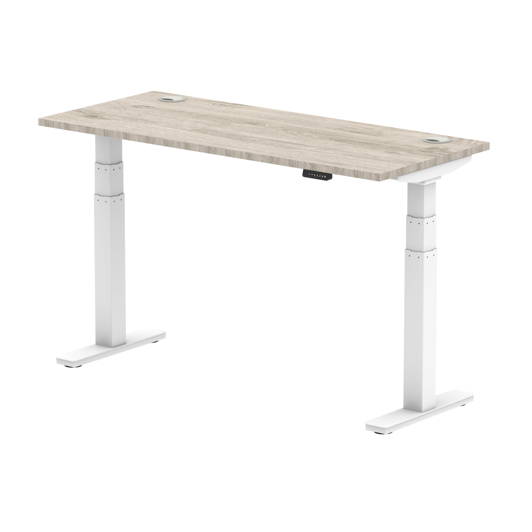 Air 600mm Height Adjustable Office Desk Grey Oak Top Cable Ports White Leg - Price Crash Furniture