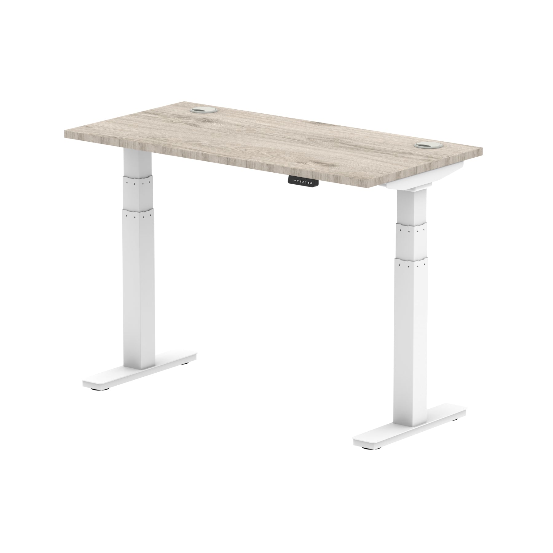 Air 600mm Height Adjustable Office Desk Grey Oak Top Cable Ports White Leg - Price Crash Furniture