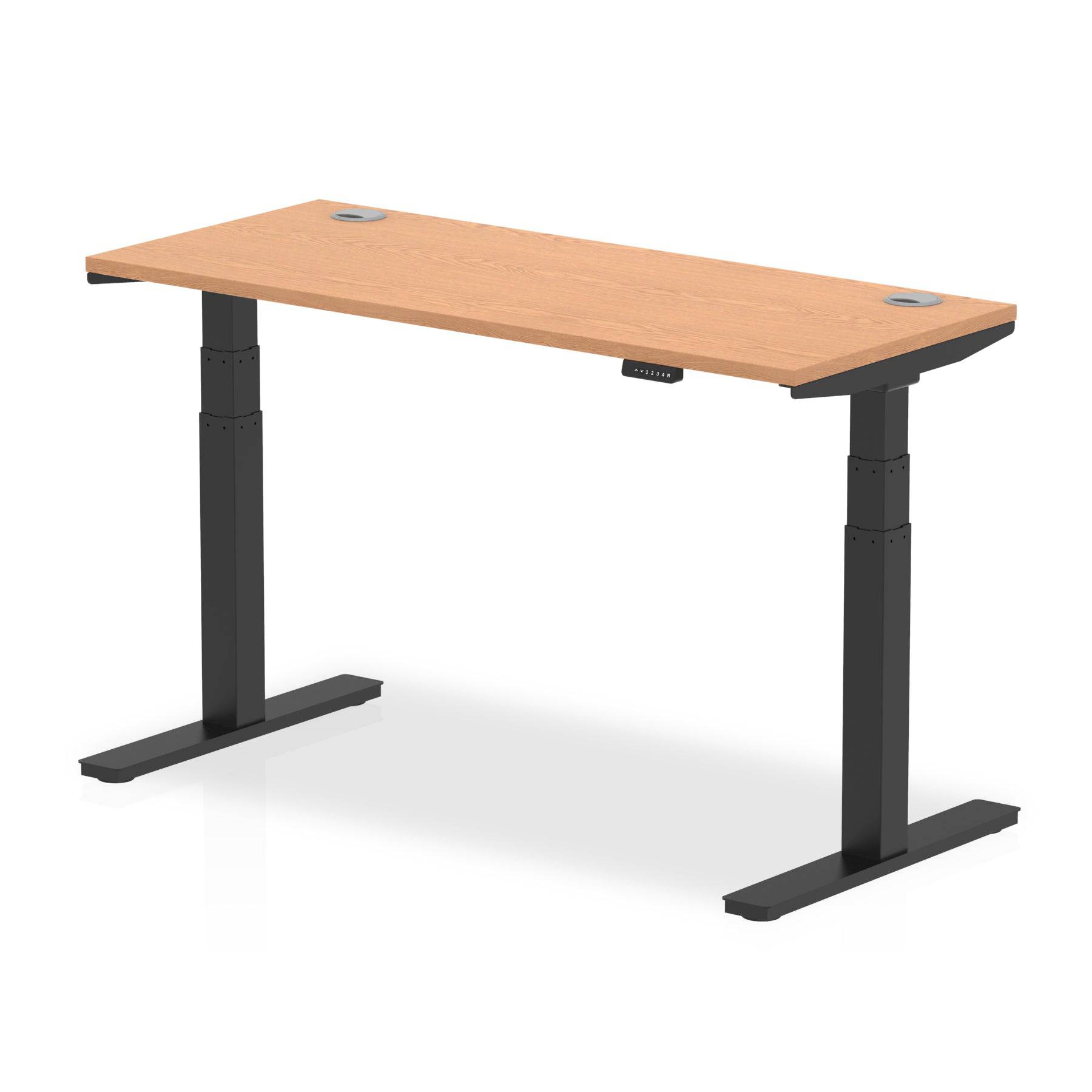 Air 600mm Height Adjustable Office Desk Oak Top Cable Ports Black Leg - Price Crash Furniture