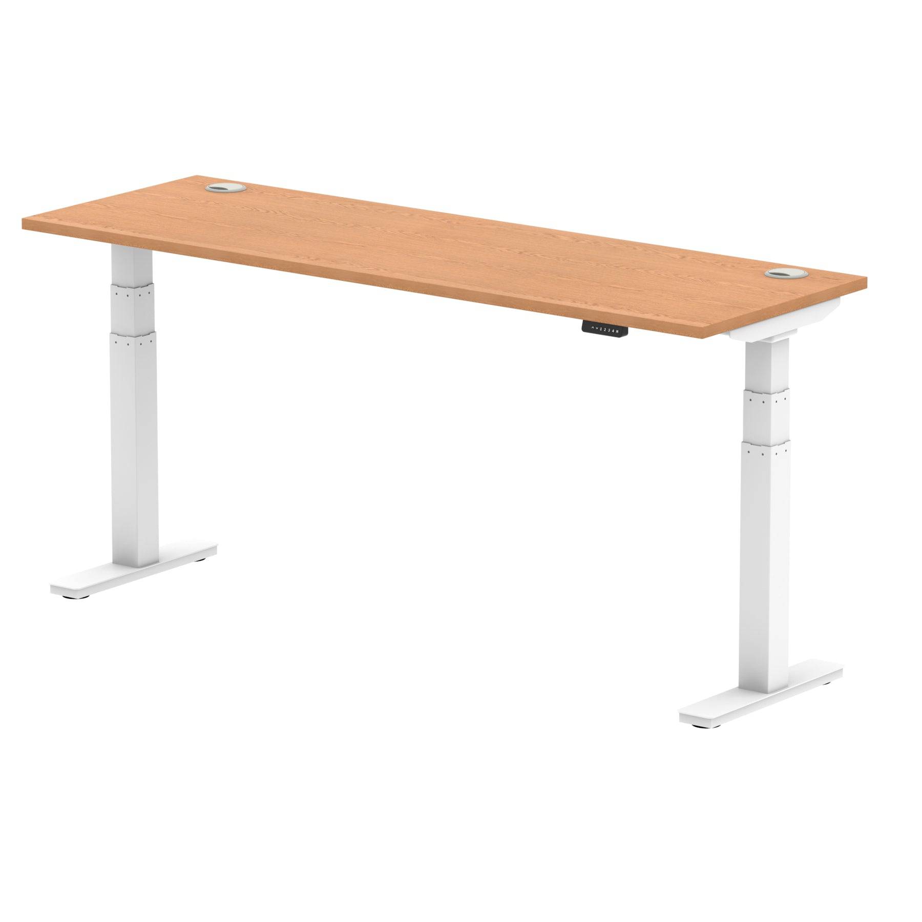 Air 600mm Height Adjustable Office Desk Oak Top Cable Ports White Leg - Price Crash Furniture