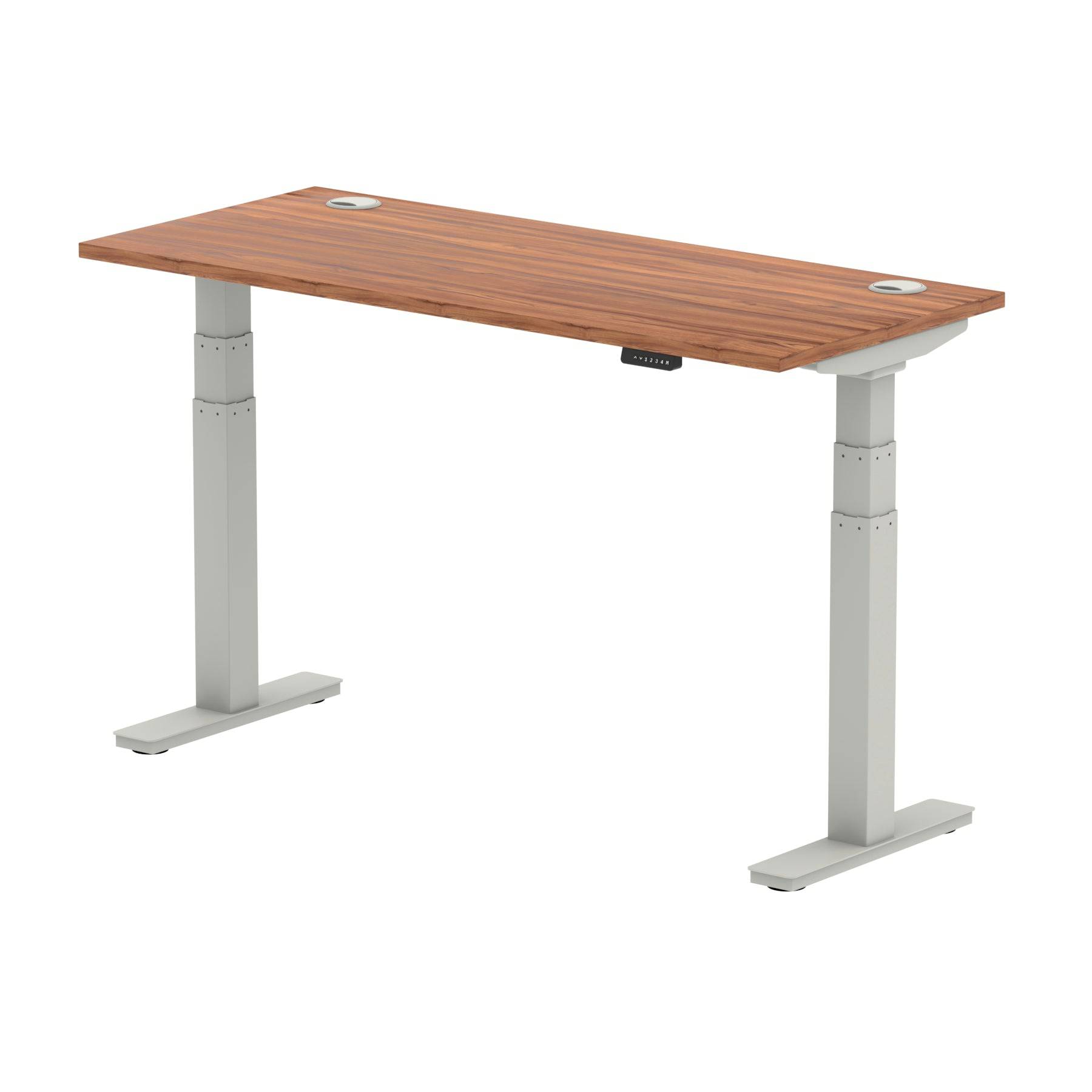 Air 600mm Height Adjustable Office Desk Walnut Top Cable Ports Silver Leg - Price Crash Furniture