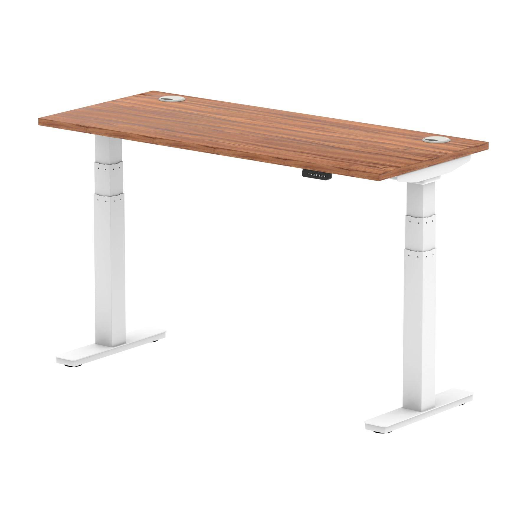 Air 600mm Height Adjustable Office Desk Walnut Top Cable Ports White Leg - Price Crash Furniture