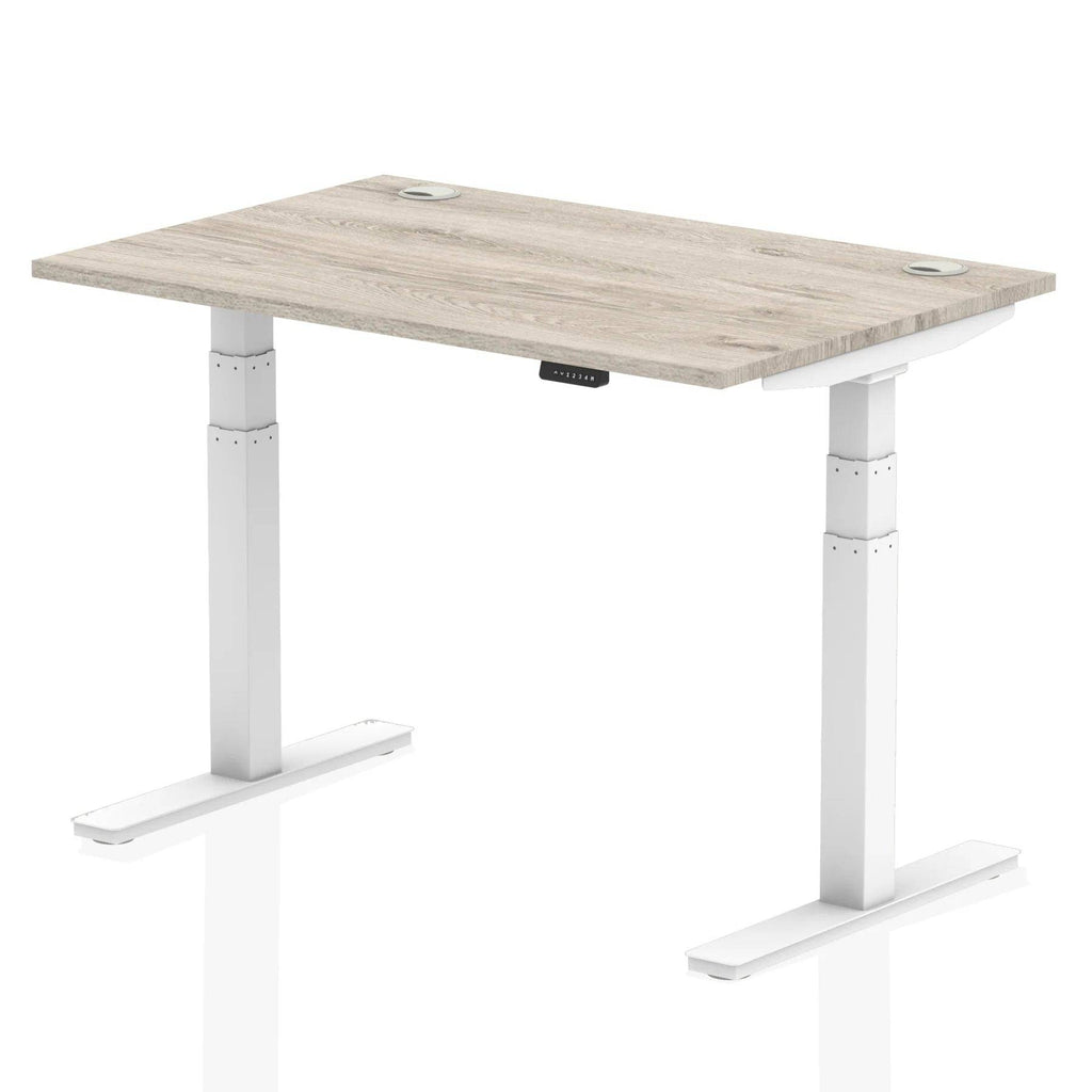 Air 800mm Height Adjustable Office Desk Grey Oak Top Cable Ports White Leg - Price Crash Furniture