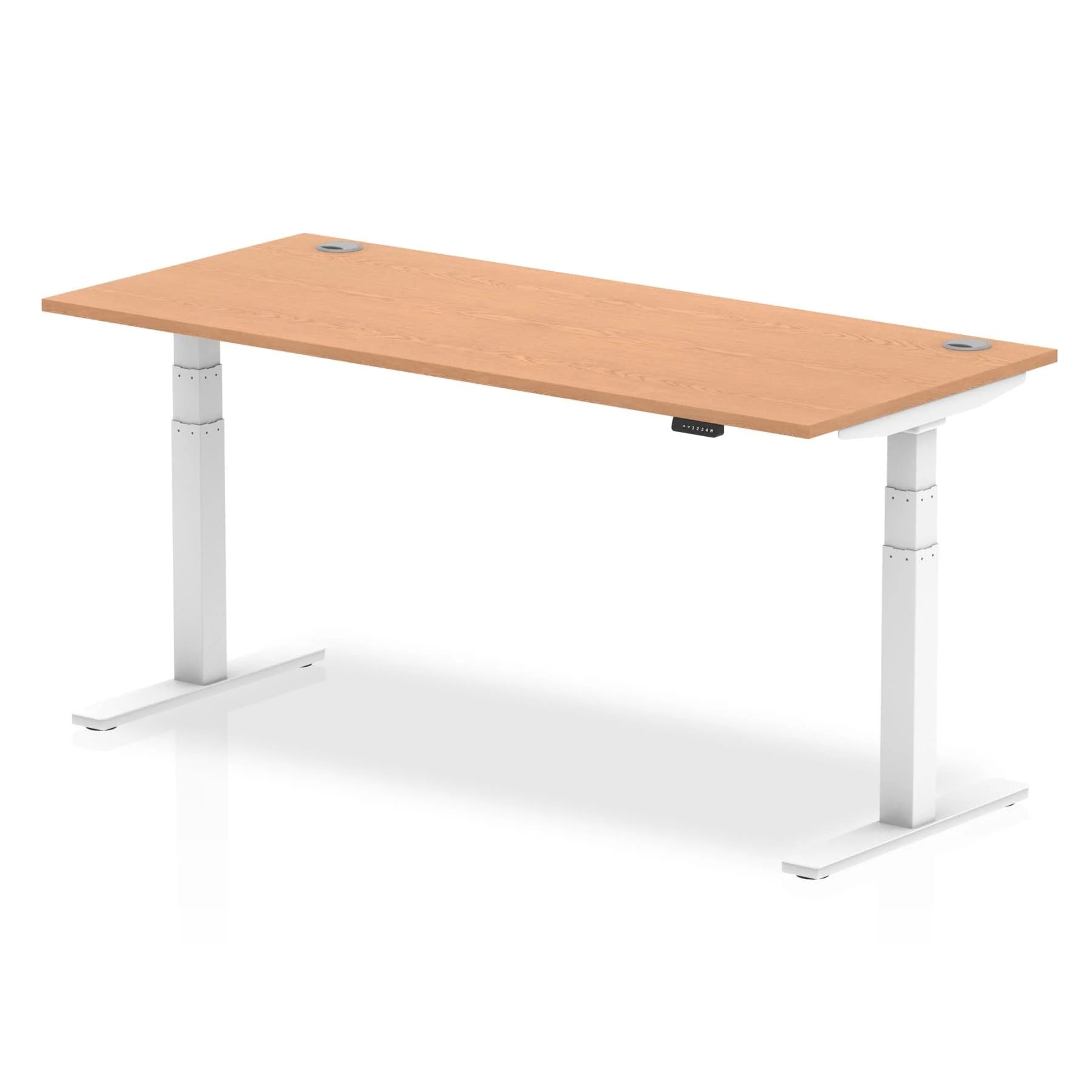 Air 800mm Height Adjustable Office Desk Oak Top Cable Ports White Leg - Price Crash Furniture