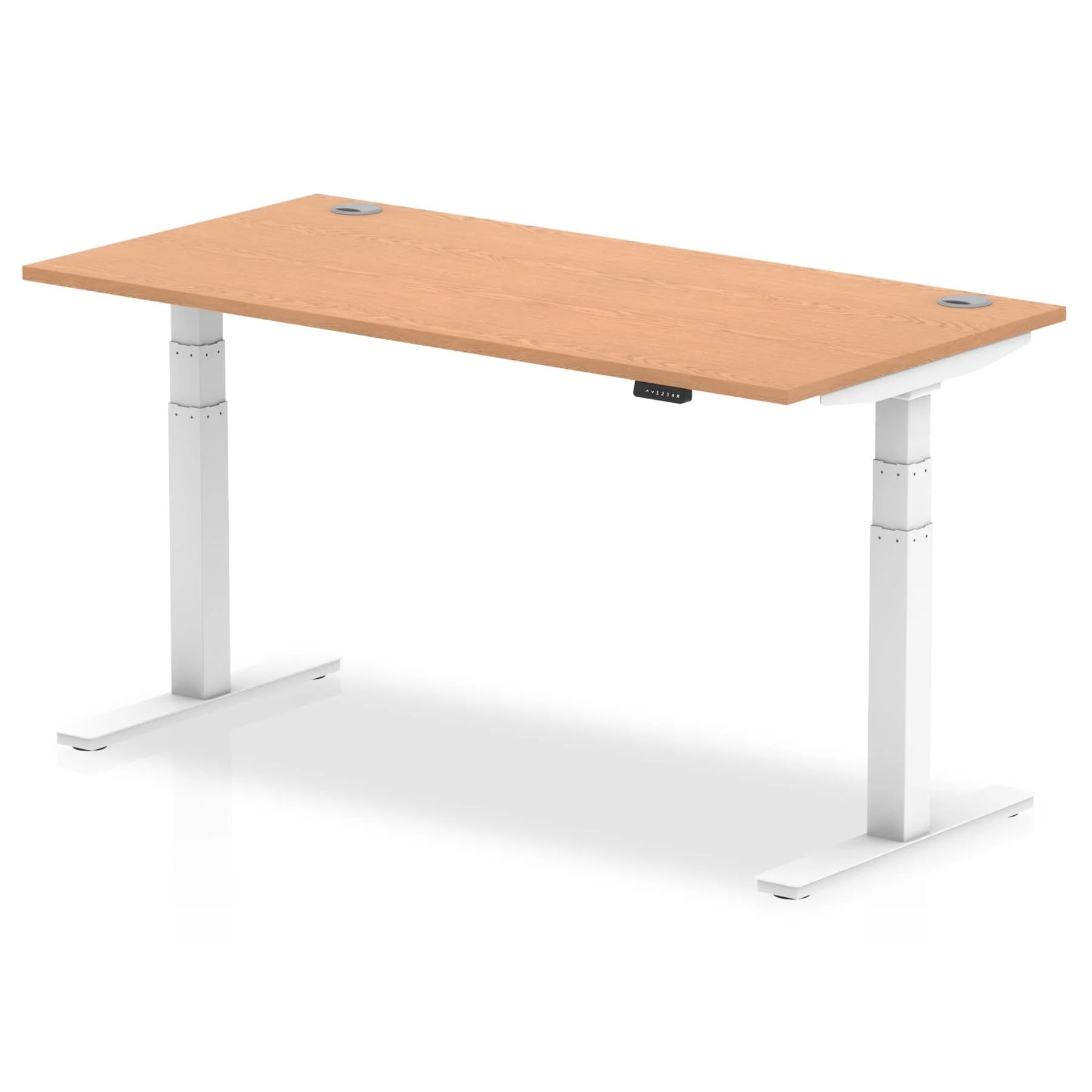 Air 800mm Height Adjustable Office Desk Oak Top Cable Ports White Leg - Price Crash Furniture