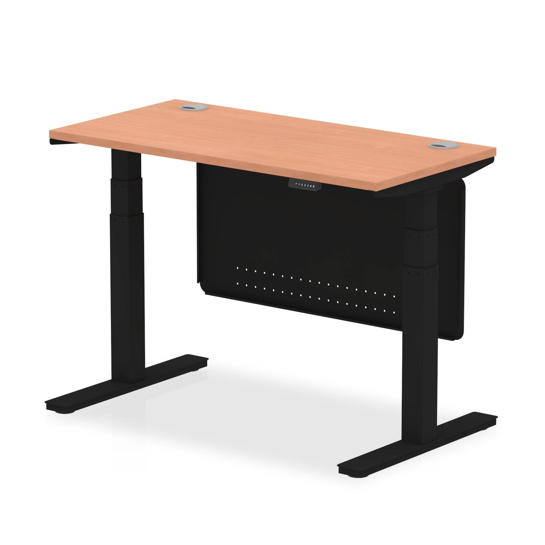 Air Modesty 600mm Height Adjustable Office Desk Beech Top Cable Ports Black Leg With Black Steel Modesty Panel - Price Crash Furniture