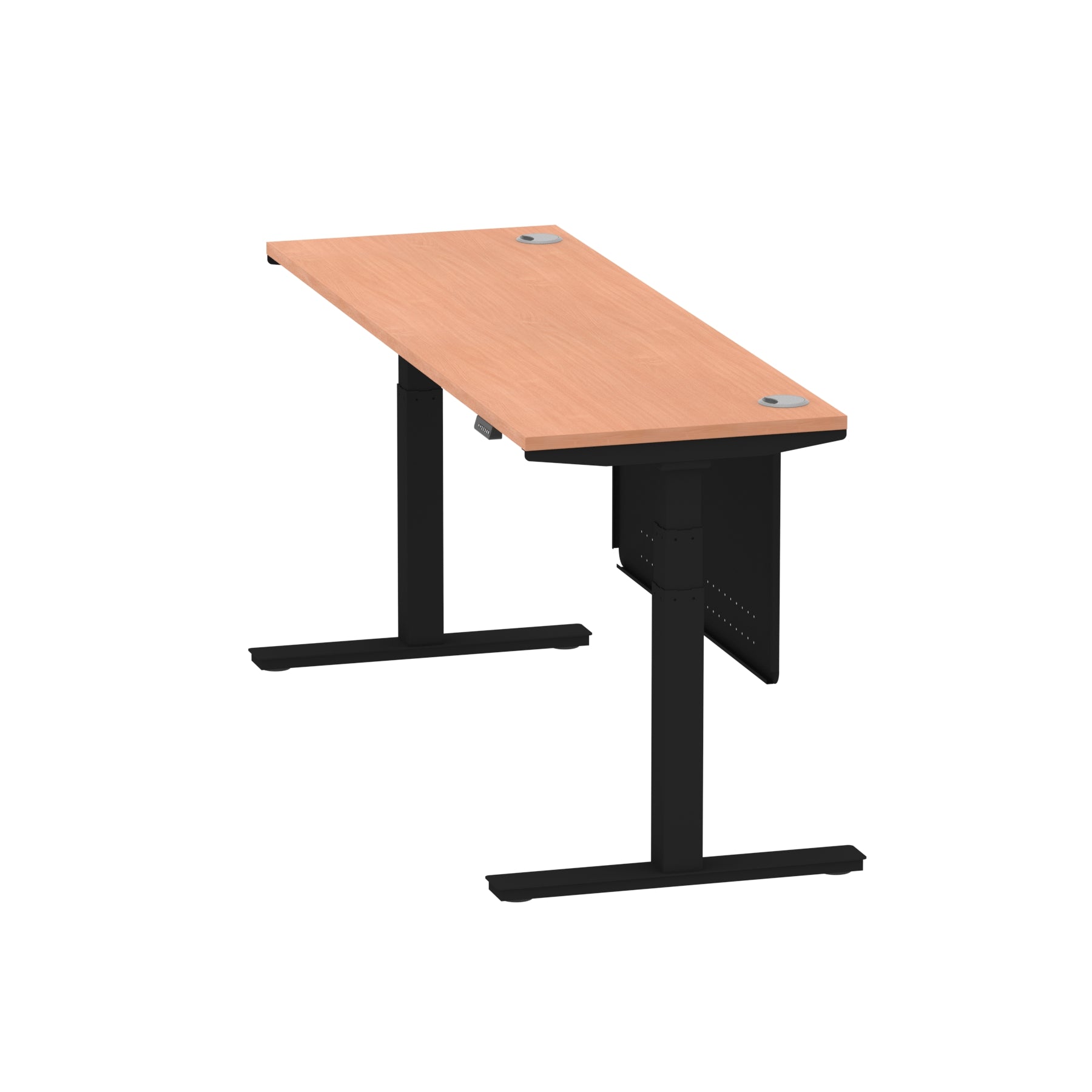 Air Modesty 600mm Height Adjustable Office Desk Beech Top Cable Ports Black Leg With Black Steel Modesty Panel - Price Crash Furniture