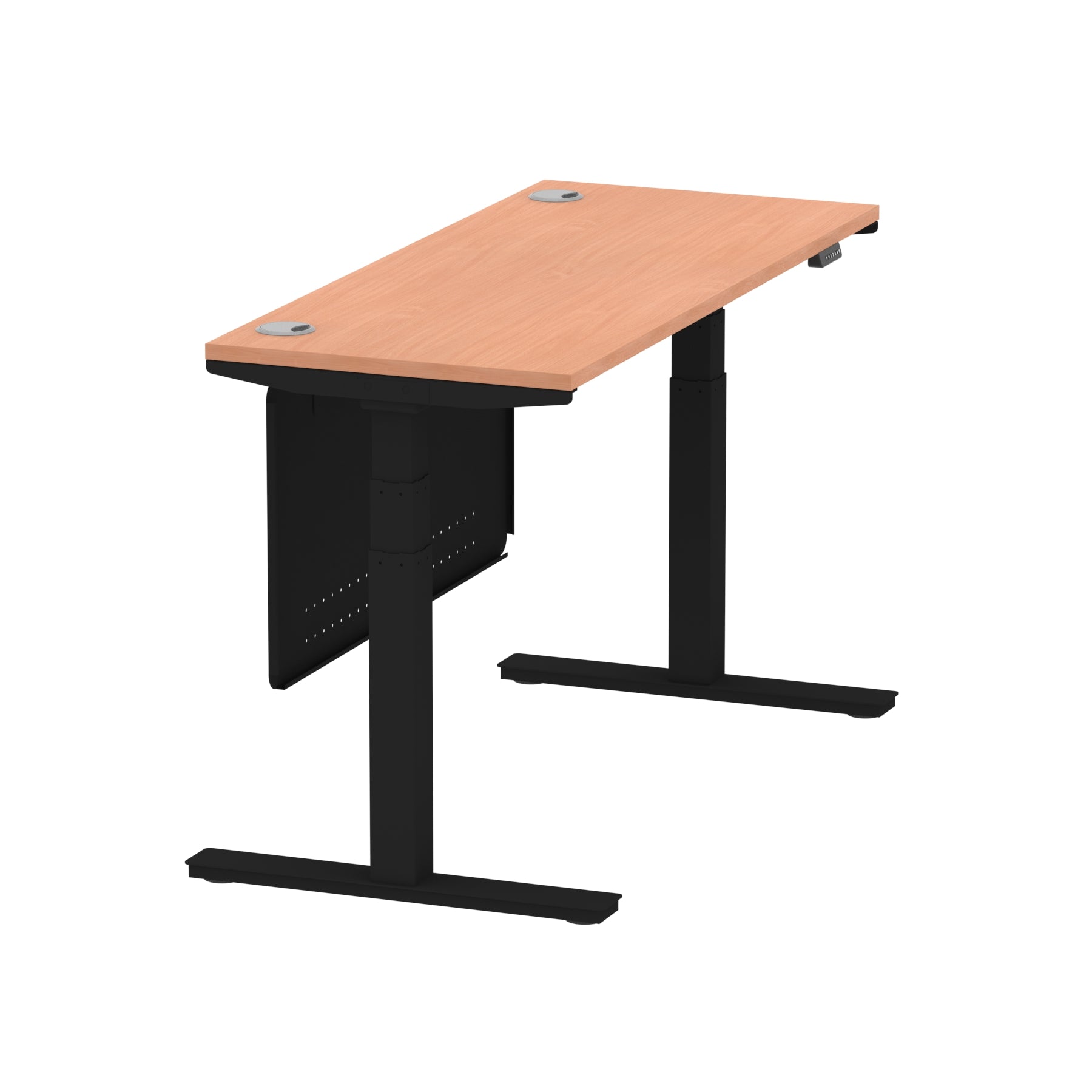 Air Modesty 600mm Height Adjustable Office Desk Beech Top Cable Ports Black Leg With Black Steel Modesty Panel - Price Crash Furniture