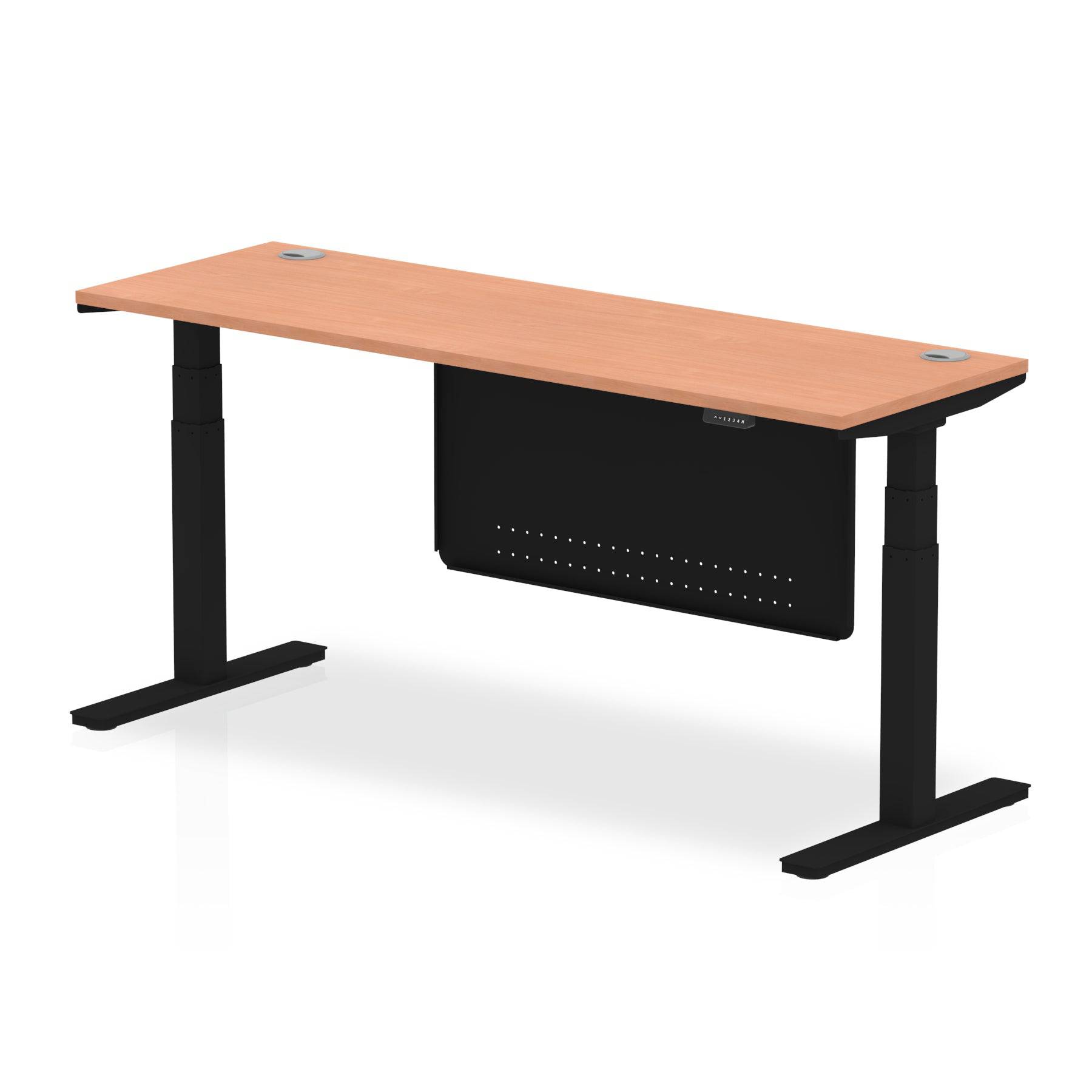 Air Modesty 600mm Height Adjustable Office Desk Beech Top Cable Ports Black Leg With Black Steel Modesty Panel - Price Crash Furniture