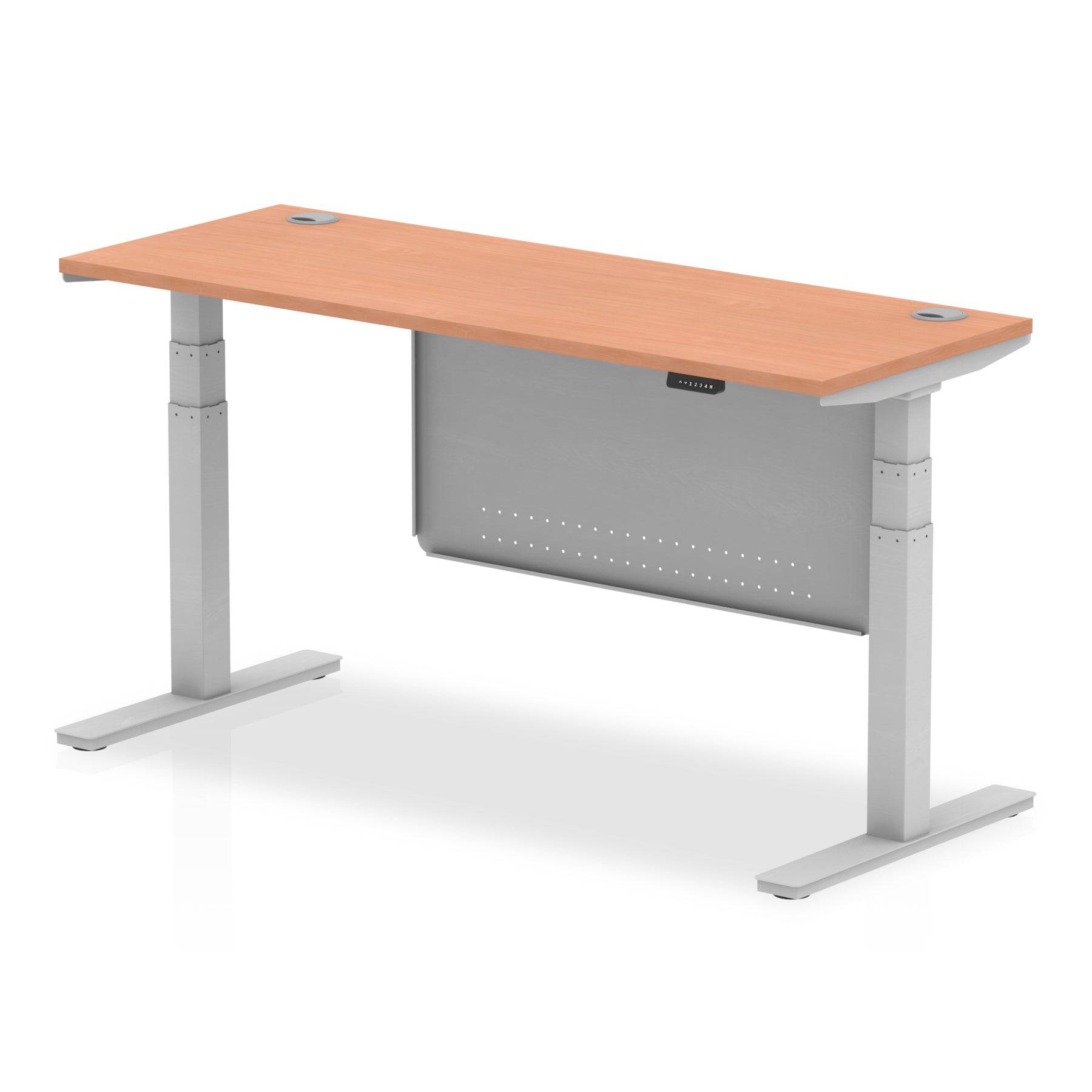 Air Modesty 600mm Height Adjustable Office Desk Beech Top Cable Ports Silver Leg With Silver Steel Modesty Panel - Price Crash Furniture