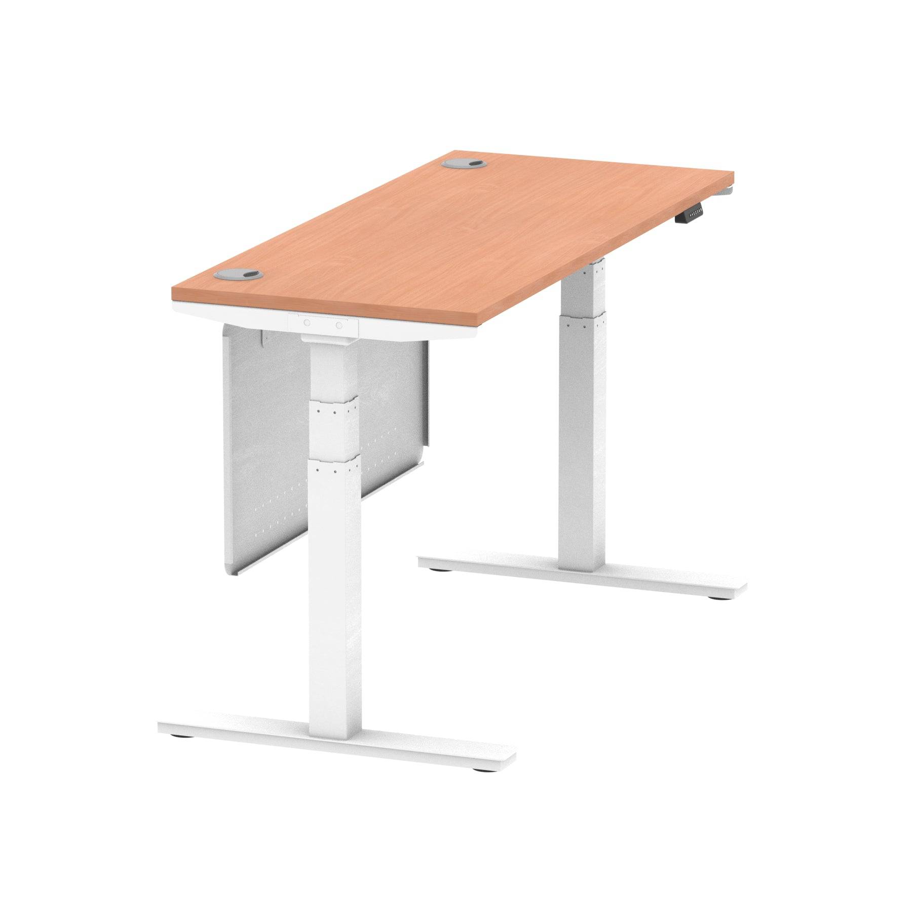 Air Modesty 600mm Height Adjustable Office Desk Beech Top Cable Ports White Leg With White Steel Modesty Panel - Price Crash Furniture