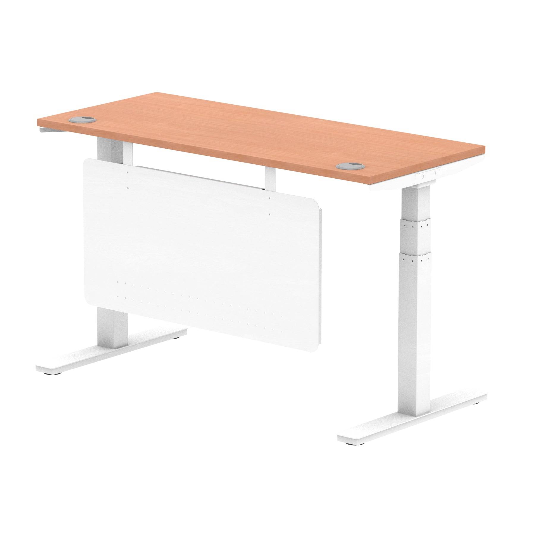 Air Modesty 600mm Height Adjustable Office Desk Beech Top Cable Ports White Leg With White Steel Modesty Panel - Price Crash Furniture