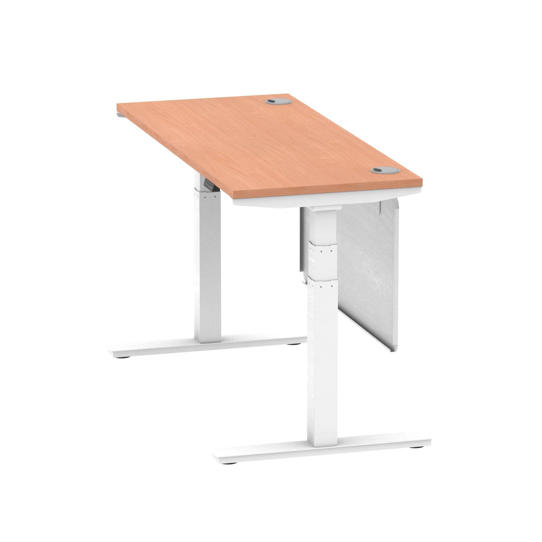 Air Modesty 600mm Height Adjustable Office Desk Beech Top Cable Ports White Leg With White Steel Modesty Panel - Price Crash Furniture