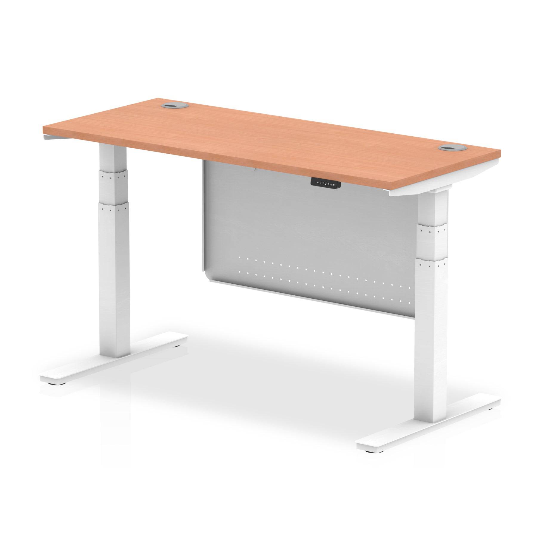 Air Modesty 600mm Height Adjustable Office Desk Beech Top Cable Ports White Leg With White Steel Modesty Panel - Price Crash Furniture